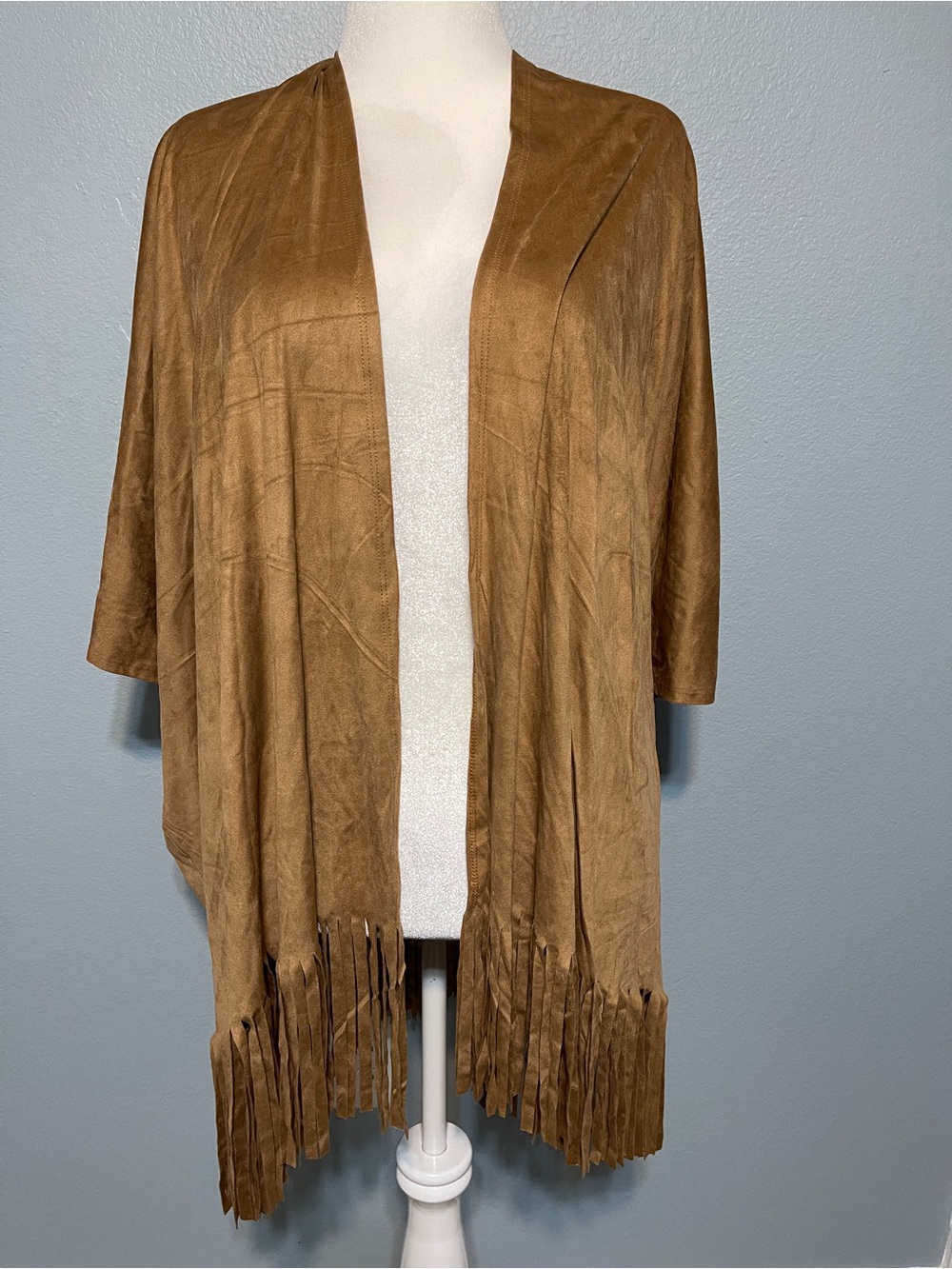 Love In Faux Suede Fringe Cardigan Kimono Camel Boho Western Festival USA Medium